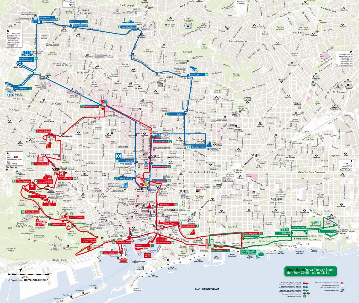 barcelona bus turistic de la línea roja del mapa