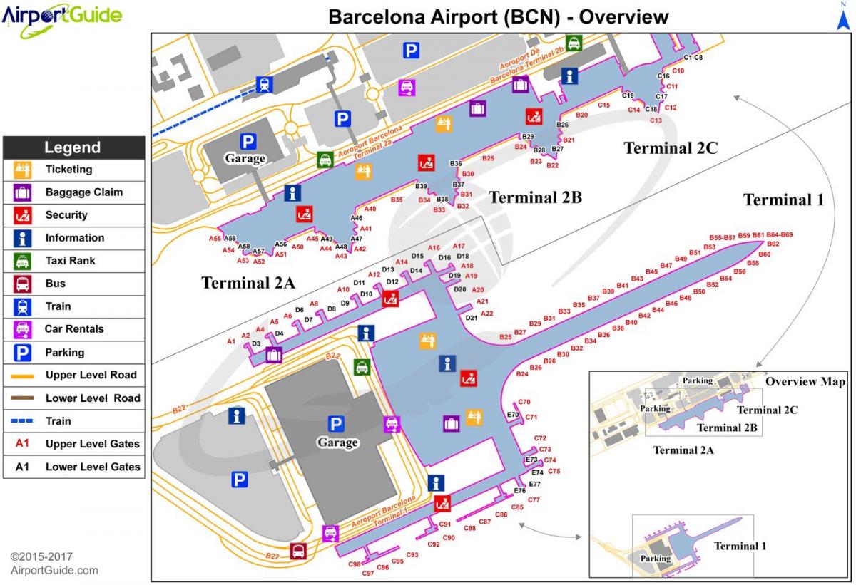el aeropuerto de barcelona, mapa de la terminal 1 y 2